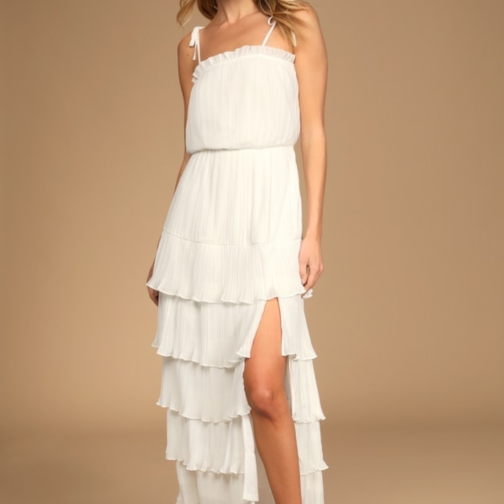 Lulus Playing Cupid White Pleated Tiered Ruffled Tie-strap Maxi Dress - Size M